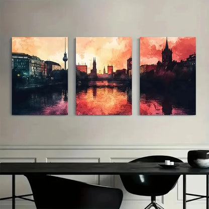 3pcs Berlin Watercolor Vibrant Cityscape Metal Print Ready to Hang Art - Bella Home Decor