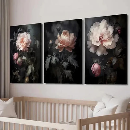 3pcs Gothic Peony Pink & White Roses Wall Art Set Canvas Unframed - High Quality Print 100% Australian Made Wall Canvas