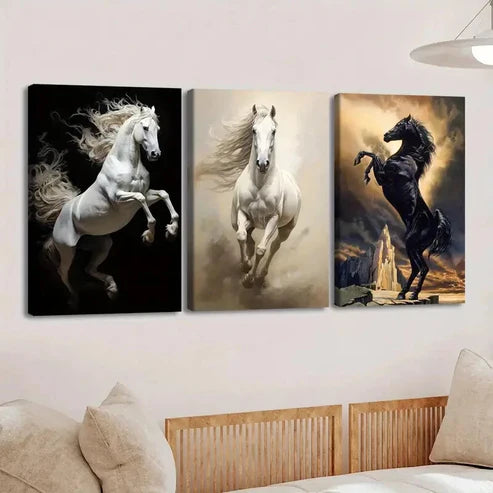 3pcs Horse Paintings Running Horse Black & Gold Wall Art Set Canvas Unframed - High Quality Print 100% Australian Made Wall Canvas