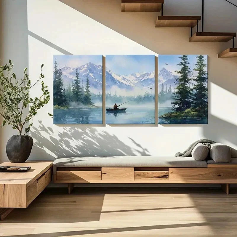 3pcs Alpine Lake Fishing Scene Tranquil Nature Metal Print Ready to Hang Art - Bella Home Decor