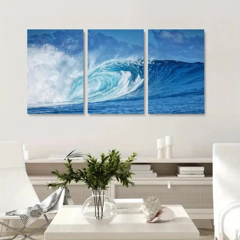 3pcs Modern Ocean Wave Blue Themed Metal Print Ready to Hang Art - Bella Home Decor