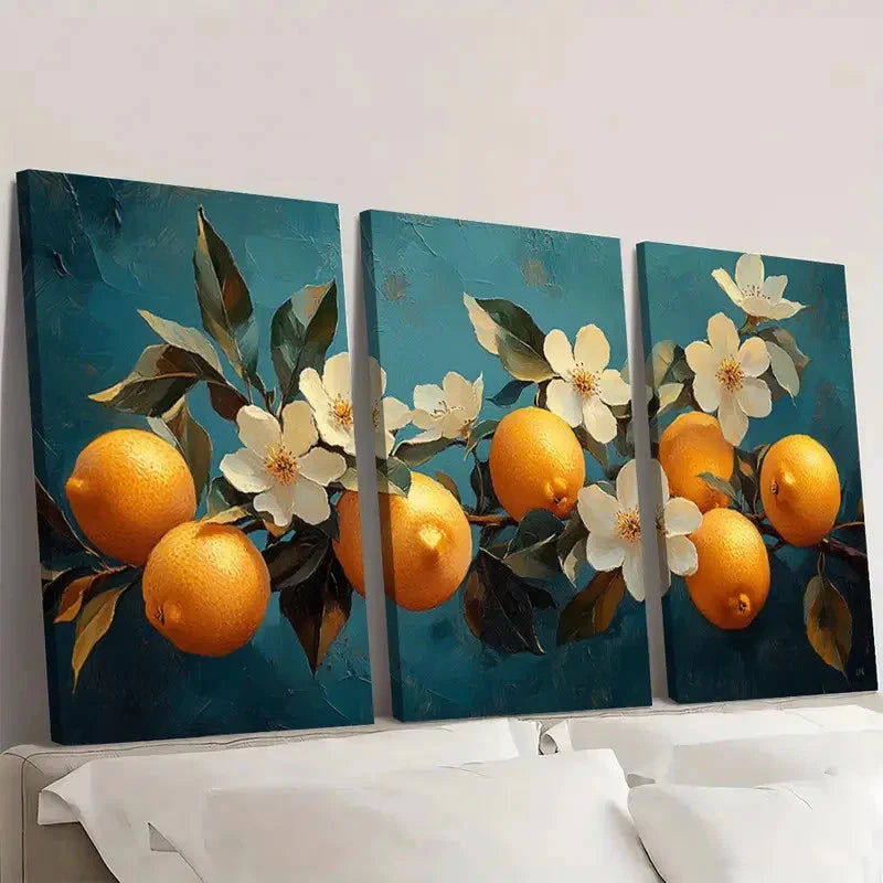 3pcs Vibrant Lemon & Floral Design O  Wall Art Set Canvas Framed 50x70cm - High Quality Print 100% Australian Made Wall Canvas Ready to Hang - Bella Home Decor
