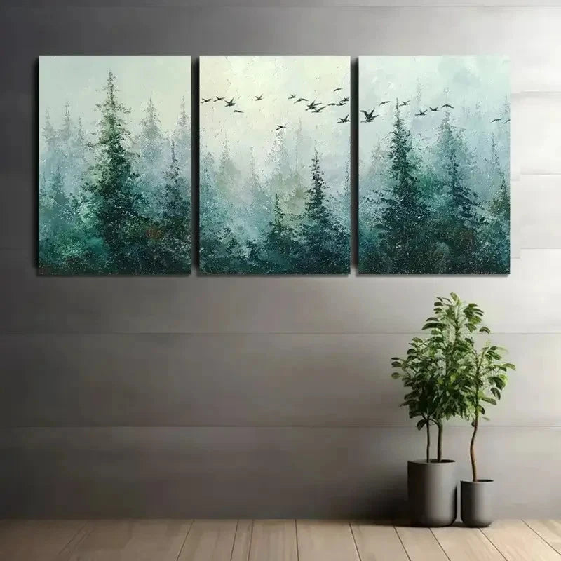 3pcs Forest with Pine Trees And Flying Birds Metal Print Ready to Hang Art - Bella Home Decor