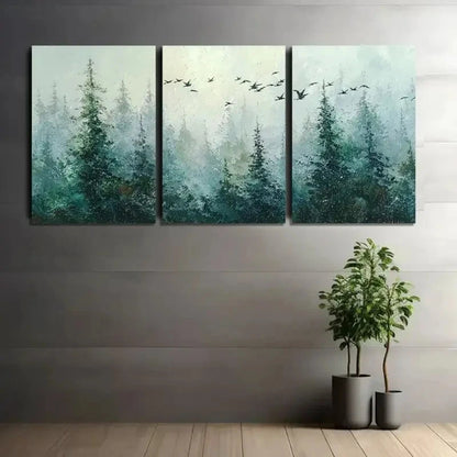 3pcs Forest with Pine Trees And Flying Birds Metal Print Ready to Hang Art - Bella Home Decor