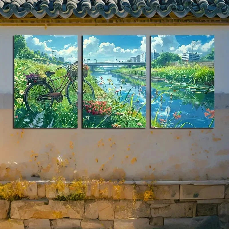 3pcs Vibrant Bicycle & Floral Scenery Design Metal Print Ready to Hang Art - Bella Home Decor