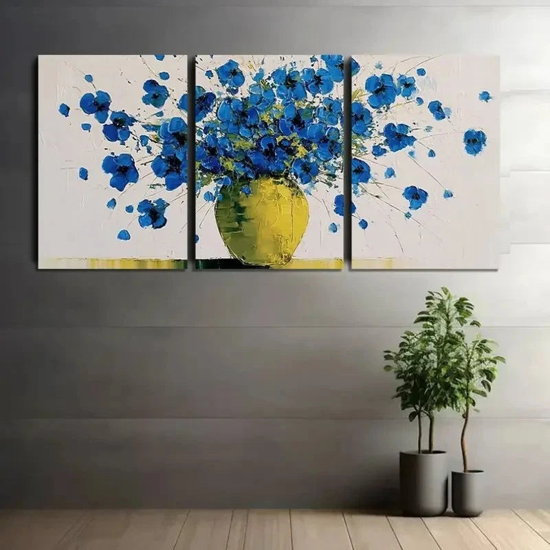3pcs Blue Flowers in Yellow Vase Art Painting Metal Print Ready to Hang Art - Bella Home Decor