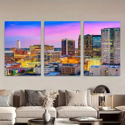 3pcs Vibrant Pink & Purple Cityscape Metal Print Ready to Hang Art