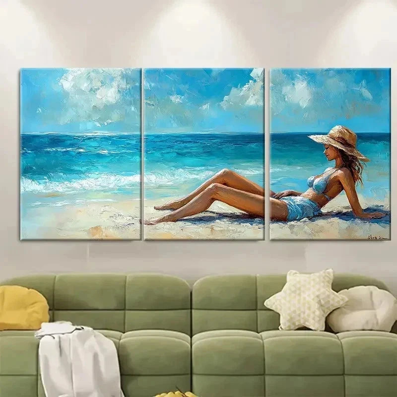 3pcs Lady Relaxing on Beach ER  Wall Art Set Canvas Framed 50x70cm - High Quality Print 100% Australian Made Wall Canvas Ready to Hang - Bella Home Decor