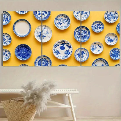 3pcs Blue and white porcelain plates on yellow Wall Art Set Canvas Framed 60x90cm - High Quality Print 100% Australian Made Wall Canvas Ready to Hang - Bella Home Decor