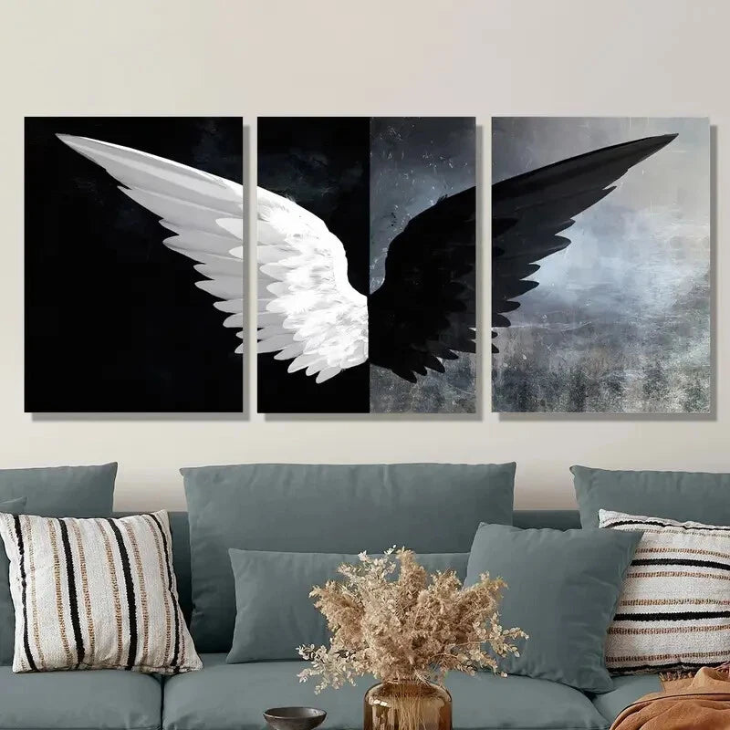 3pcs Abstract Angel Wings Black and White Metal Print Ready to Hang Art - Bella Home Decor