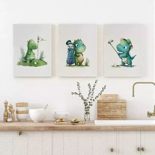 3pcs Cartoonish Playful Dino Wall Art Set Canvas Framed 50x70cm - High Quality Print 100% Australian Made Wall Canvas Ready to Hang