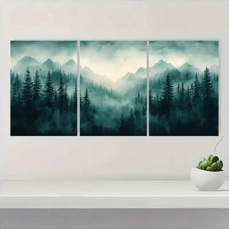 3pcs Misty Evergreen Landscape Art Metal Print Ready to Hang Art - Bella Home Decor