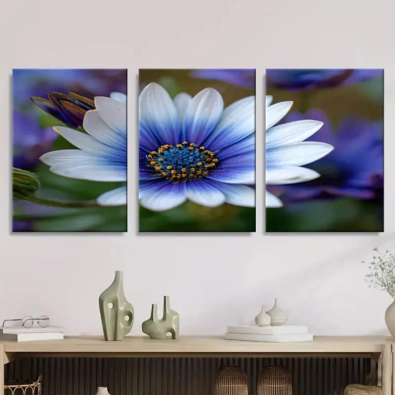 3pcs Vibrant Blue & White Daisy Flowers Wall Art Set Canvas Framed 40x60cm - High Quality Print 100% Australian Made Wall Canvas Ready to Hang