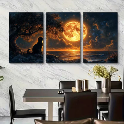 3pcs Enchanted Feline Silhouette Moonlit Tree Metal Print Ready to Hang Art