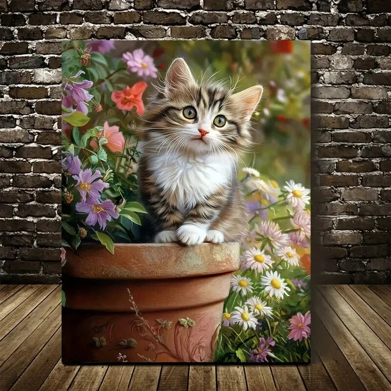 Norwegian Forest Cat Kitten with Flowers Painting 40x60cm Metal Print Ready to Hang - Bella Home Decor