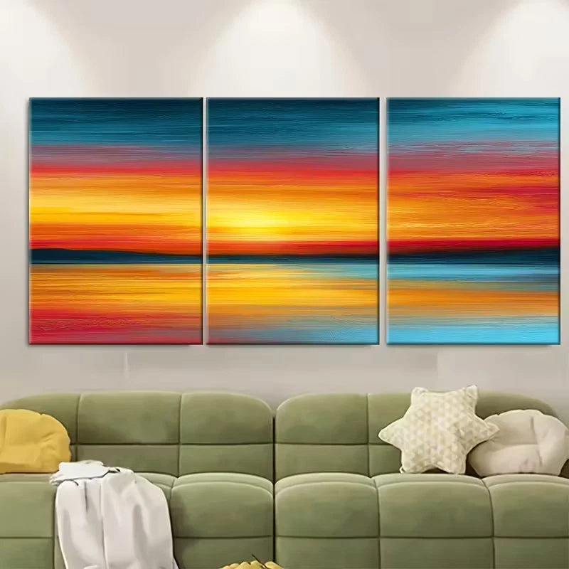 3pcs Sunset Over Ocean Beach Oil Painting Metal Print Ready to Hang Art