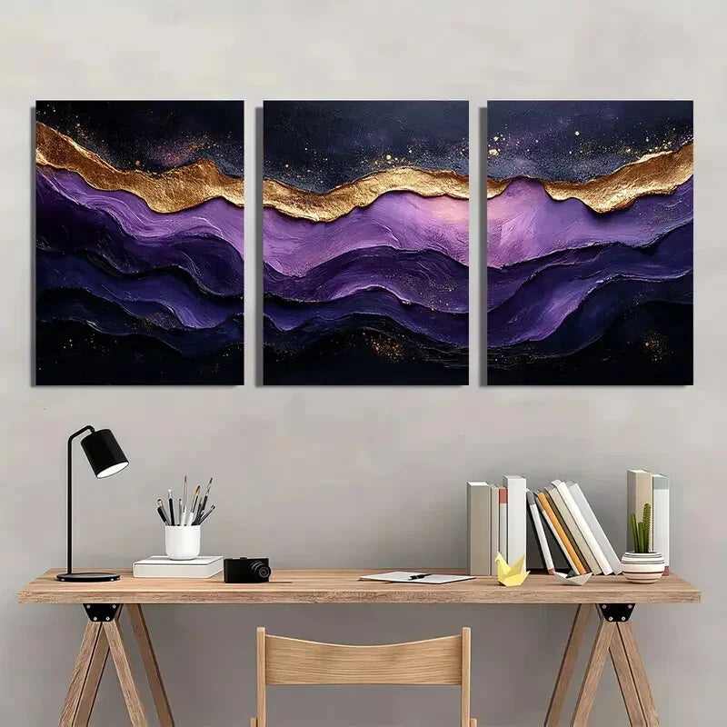 3pcs Abstract Golden Wave Black & Purple Textured Metal Print Ready to Hang Art - Bella Home Decor