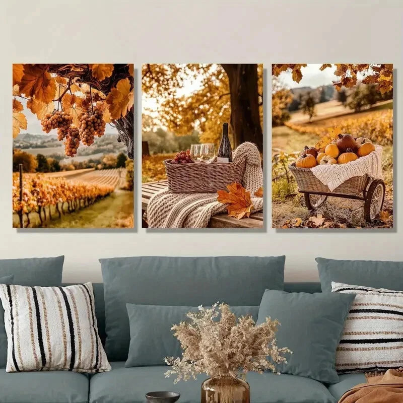 3pcs Warm Picnic Poster, Orange Autumn Scenery Metal Print Ready to Hang Art