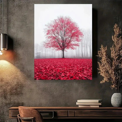 Beautiful Foggy Red Forest Painting 40x60cm Metal Print Ready to Hang - Bella Home Decor