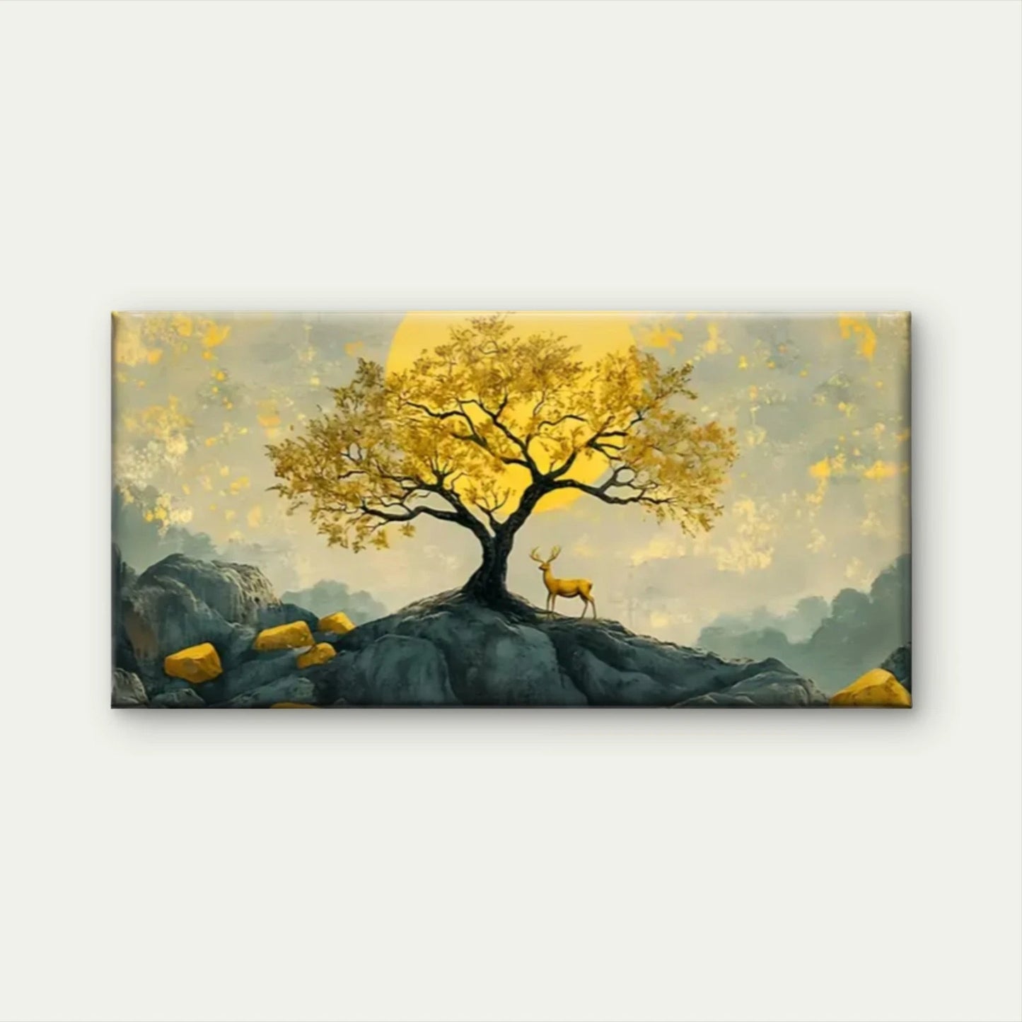 Yellow Trees Deer Mountain Wall Art Canvas Office Home Room Framed 120x60cm
