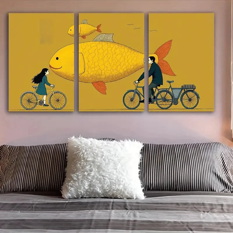 3pcs Man Riding A Bike With Woman Wall Art Set Canvas Framed 50x70cm - High Quality Print 100% Australian Made Wall Canvas Ready to Hang