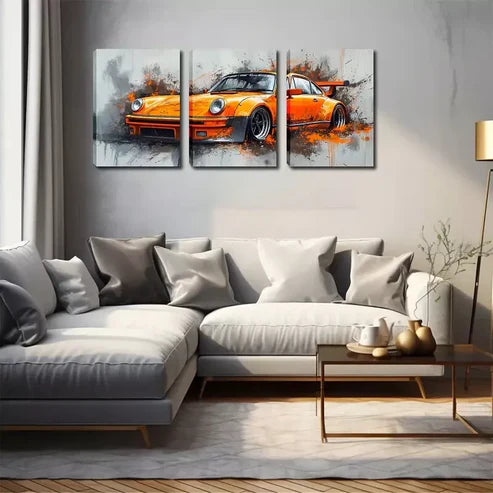 3pcs Vibrant Orange Sports Car Triptych Wall Art Canvas Unframed - High Quality Print 100% Australian Made Wall Canvas