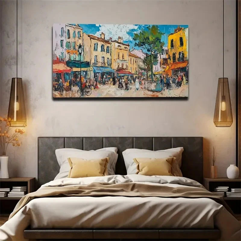 Vibrant Parisian Street Scene Wall Art Canvas Office Home Room Framed 120x60cm