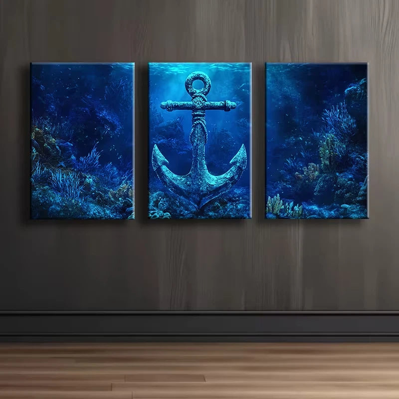 3pcs Anchor and Deep Sea Wall Art Set Canvas Framed 50x70cm - High Quality Print 100% Australian Made Wall Canvas Ready to Hang - Bella Home Decor
