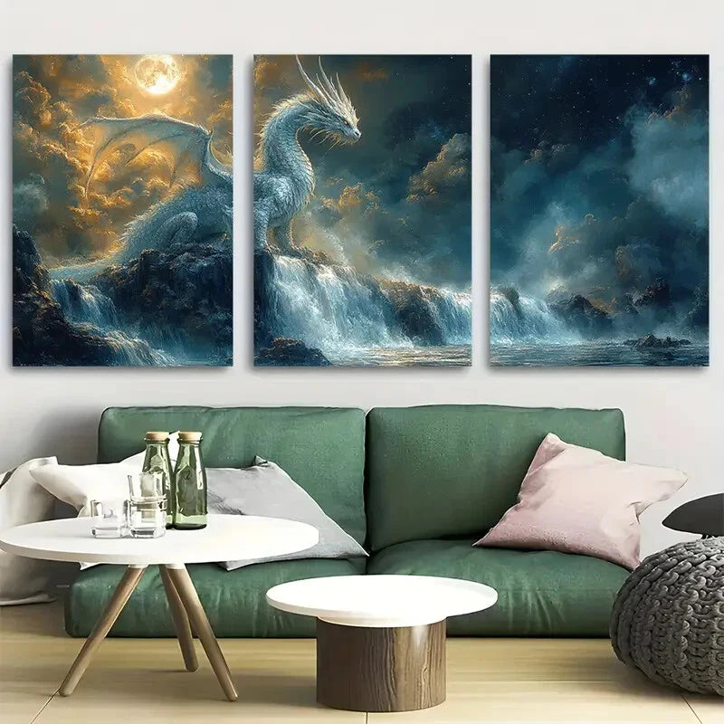 3pcs Mystical Dragon Perched Over Waterfall Metal Print Ready to Hang Art