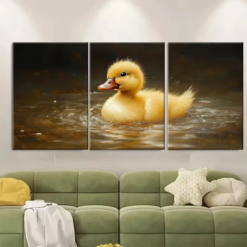 3pcs Yellow Duckling Oil Painting Metal Print Ready to Hang Art