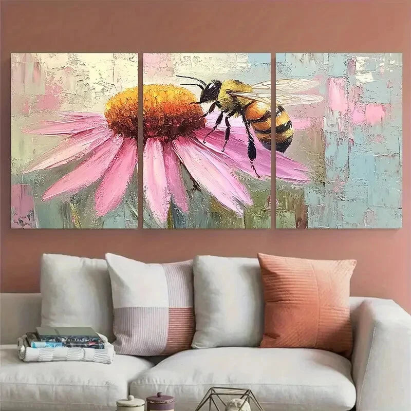 3pcs Pink Daisy Coneflower Floral Honeybee Metal Print Ready to Hang Art - Bella Home Decor