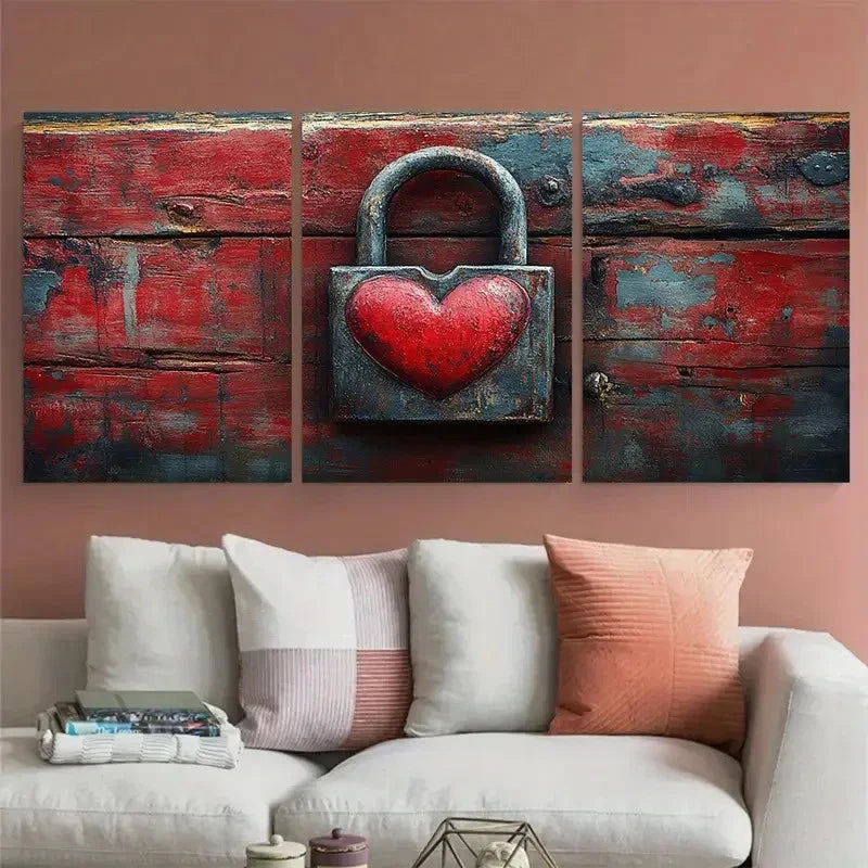 3pcs Romantic Love heart Lock Illustration Wall Art Set Canvas Framed 40x60cm - High Quality Print 100% Australian Made Wall Canvas Ready to Hang