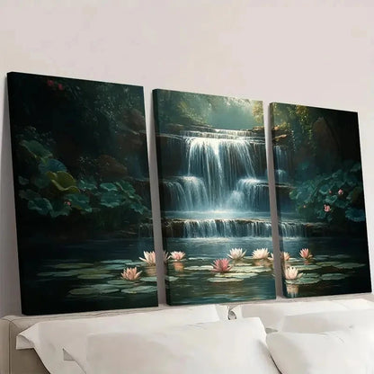 3pcs Nature Scene with Lily Pads  Waterfall  NS     Wall Art Set Canvas Framed 60x90cm - High Quality Print 100% Australian Made Wall Canvas Ready to Hang