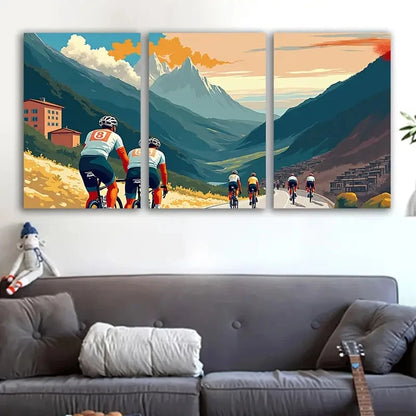3pcs Cyclists on Mountain Road Landscape Scene Wall Art Set Canvas Framed 60x90cm - High Quality Print 100% Australian Made Wall Canvas Ready to Hang - Bella Home Decor