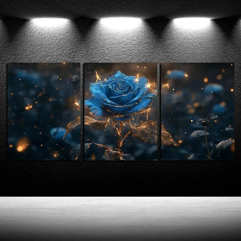 3pcs Beautiful Blue roses with Golden Accents Metal Print Ready to Hang Art - Bella Home Decor