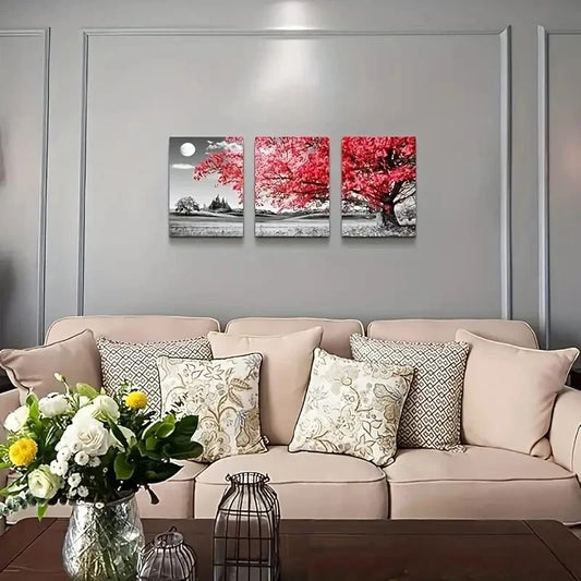 3pcs Black and White Red Tree Moon Landscape Metal Print Ready to Hang Art