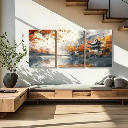 3pcs Autumn Scenery with Pagoda & Mountain River Wall Art Canvas Unframed - High Quality Print 100% Australian Made Wall Canvas