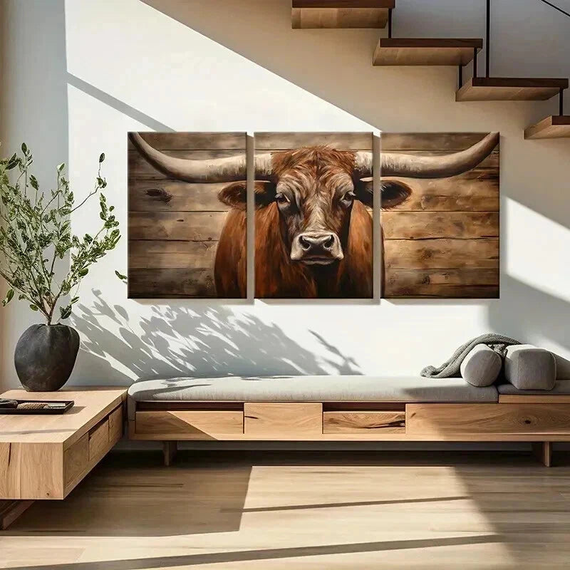 3pcs Vintage Rustic Texas Longhorn Cow Wall Art Set Canvas Framed 40x60cm - High Quality Print 100% Australian Made Wall Canvas Ready to Hang
