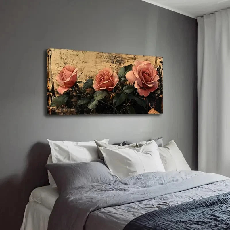 Elegant Pink Roses Green Leaves Wall Art Canvas Office Home Room Framed 120x60cm - Bella Home Decor