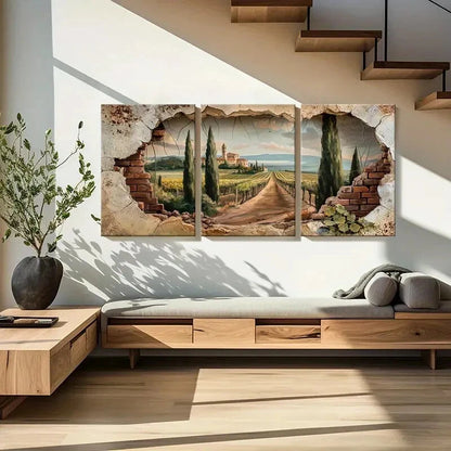 3pcs Tuscany Landscape Vineyard Path Cypress Metal Print Ready to Hang Art - Bella Home Decor