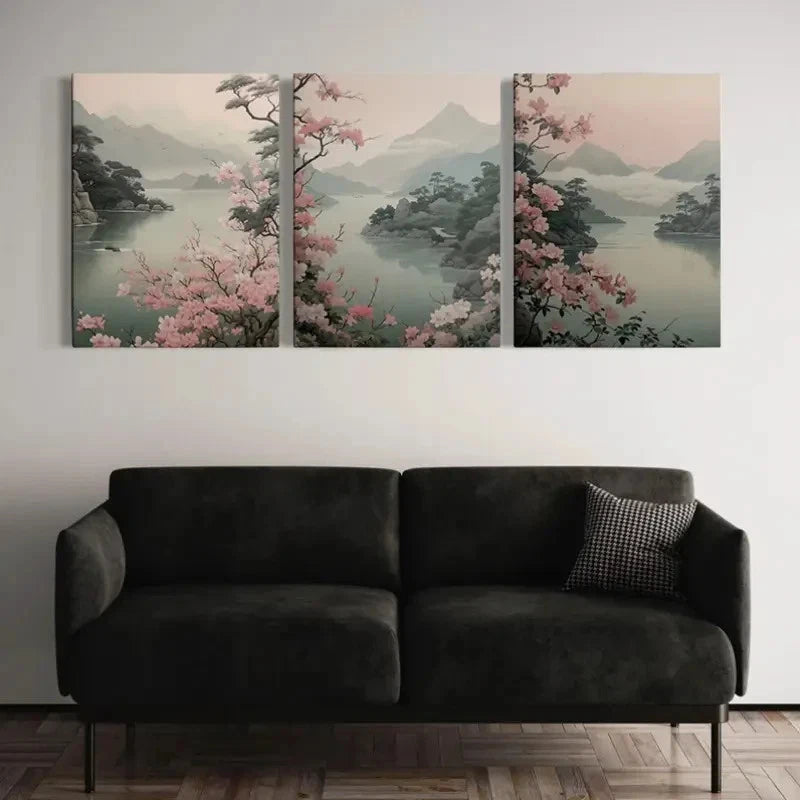3pcs Vibrant Pink Sakura Trees & Misty Mountains Metal Print Ready to Hang Art - Bella Home Decor