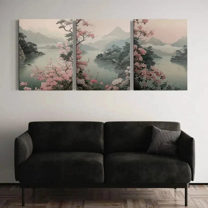 3pcs Vibrant Pink Sakura Trees & Misty Mountains Metal Print Ready to Hang Art - Bella Home Decor