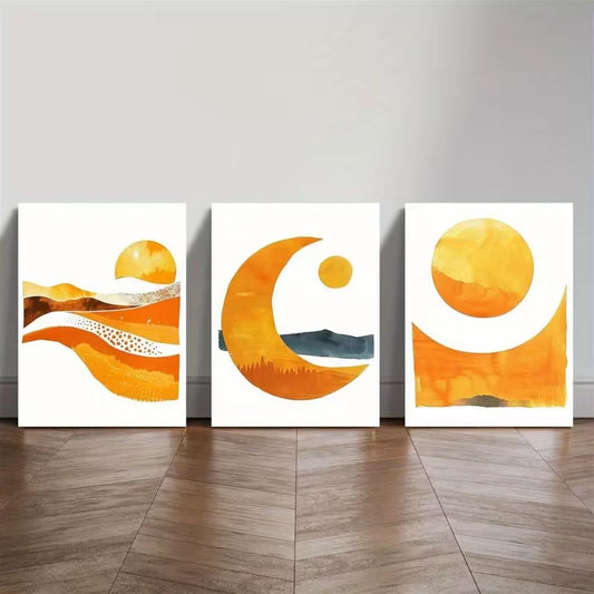3pcs Abstract Mountains Sunset Amber Landscape Metal Print Ready to Hang Art