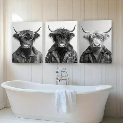 3pcs Highland Cow Portrait Fluffy Black Perfect Wall Art Set Canvas Unframed - High Quality Print 100% Australian Made Wall Canvas