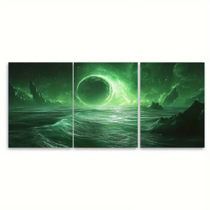 3pcs Astronaut Sea Glowing Green Fantasy Metal Print Ready to Hang Art - Bella Home Decor