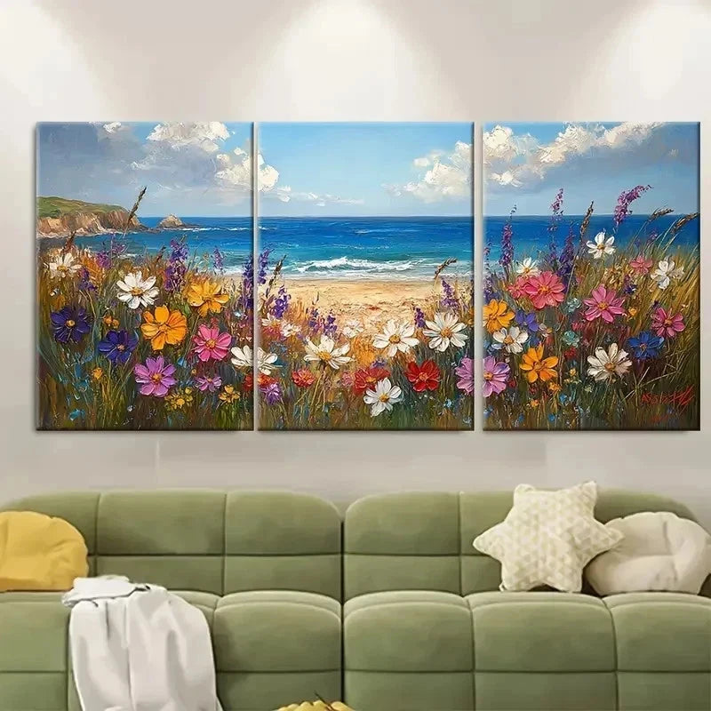 3pcs Cornwall Beach Painting Wildflowers GY  Wall Art Set Canvas Framed 50x70cm - High Quality Print 100% Australian Made Wall Canvas Ready to Hang - Bella Home Decor