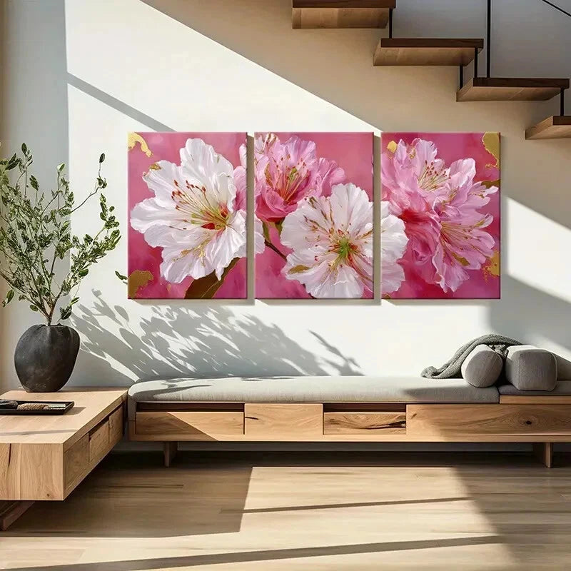 3pcs Elegant Floral Art Pink White Flowers Metal Print Ready to Hang Art - Bella Home Decor