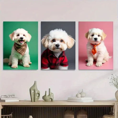 3pcs Chic & Stylish Dog Green, Gray, Pink Art Set Canvas Unframed - High Quality Print 100% Australian Made Wall Canvas - Bella Home Decor