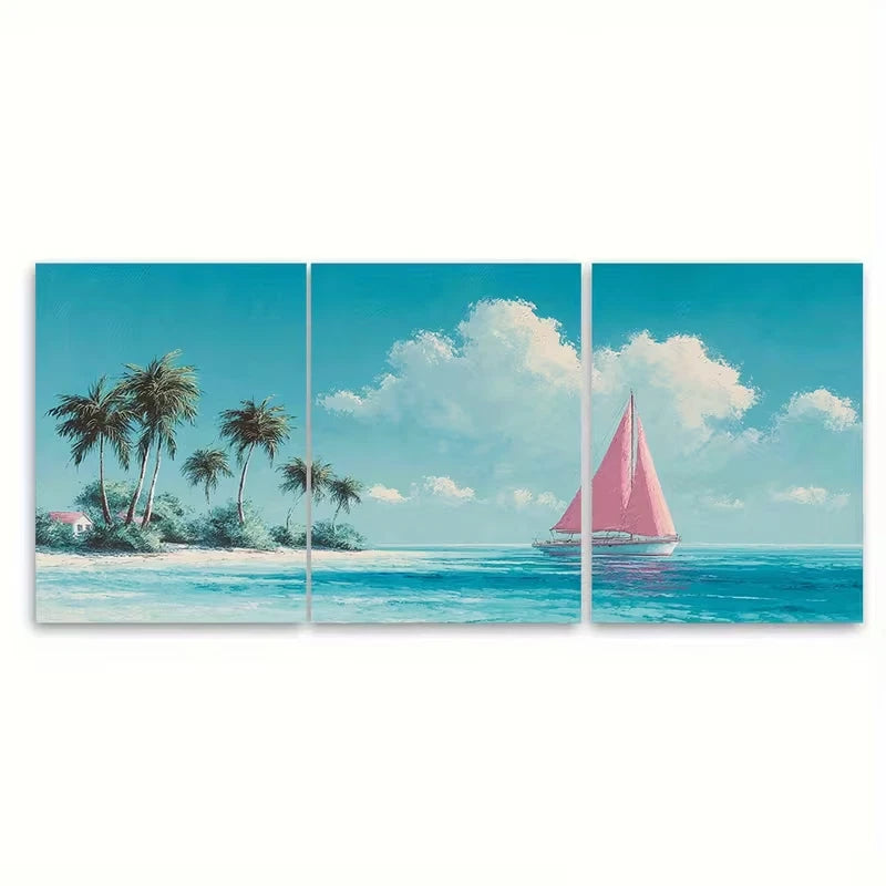 3pcs Vintage Pink Boat Seascape Painting, Metal Print Ready to Hang Art