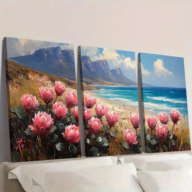 3pcs Flowers & Beach Landscape C Wall Art Set Canvas Framed 50x70cm - High Quality Print 100% Australian Made Wall Canvas Ready to Hang - Bella Home Decor